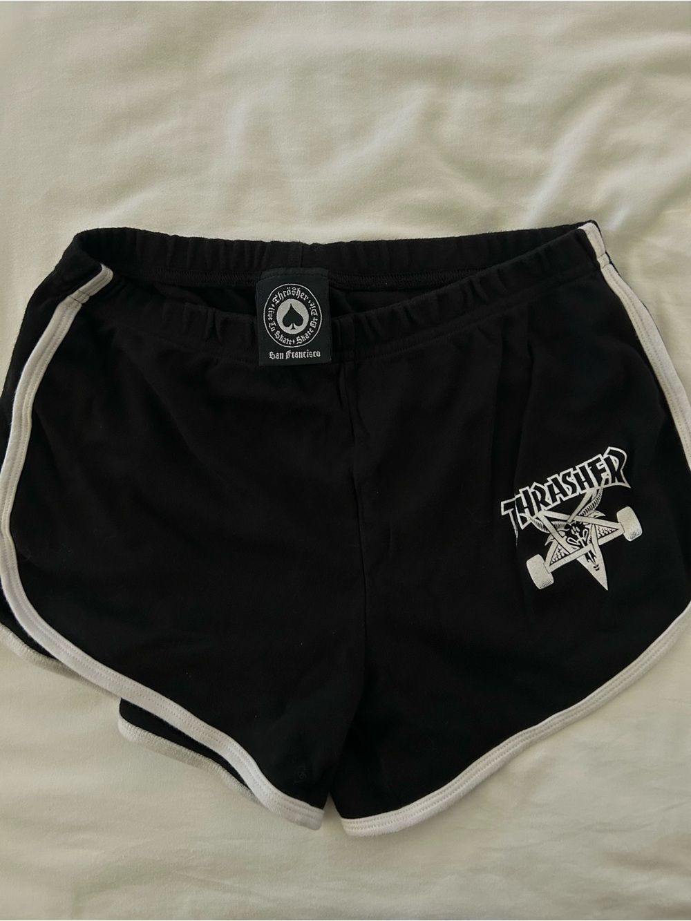 Thrasher Black Women's Athletic Shorts with White Piping and Logo - Picture 4 of 5